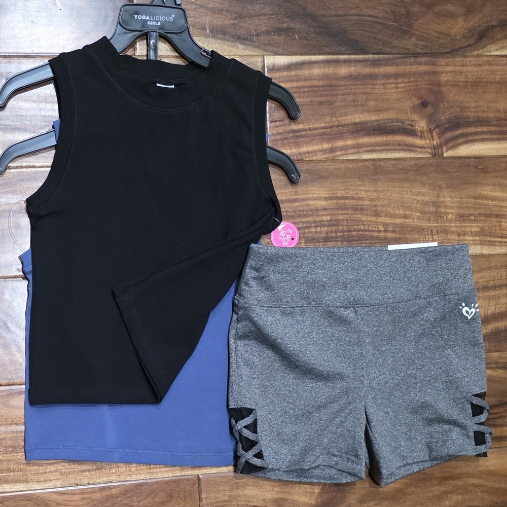 Yogalicious Black and Blue Tank W'Grey Bike Shorts By Justice